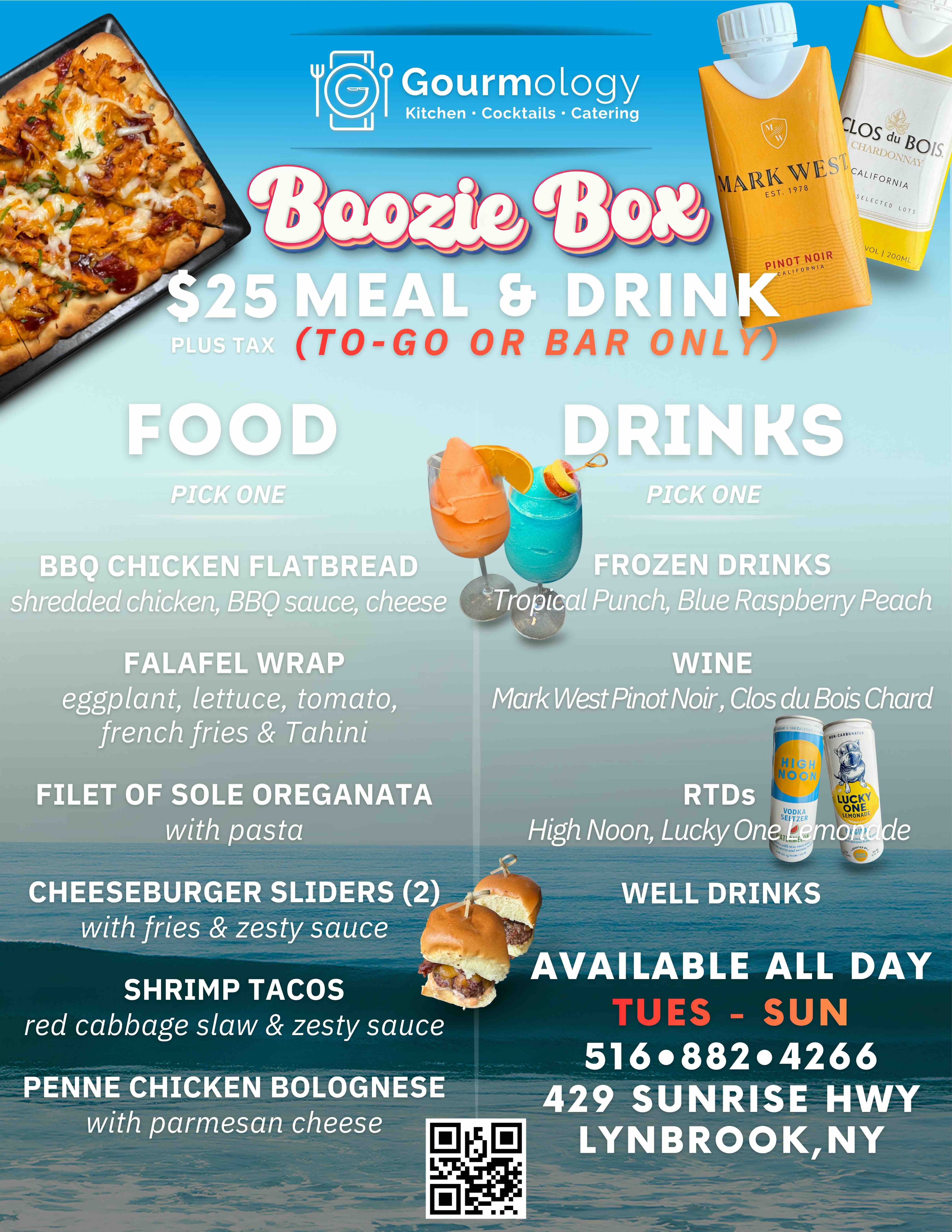 Gourmology Boozie Box flyer: $25 meal and drink